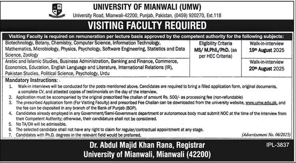 Jobs in University of Mianwali